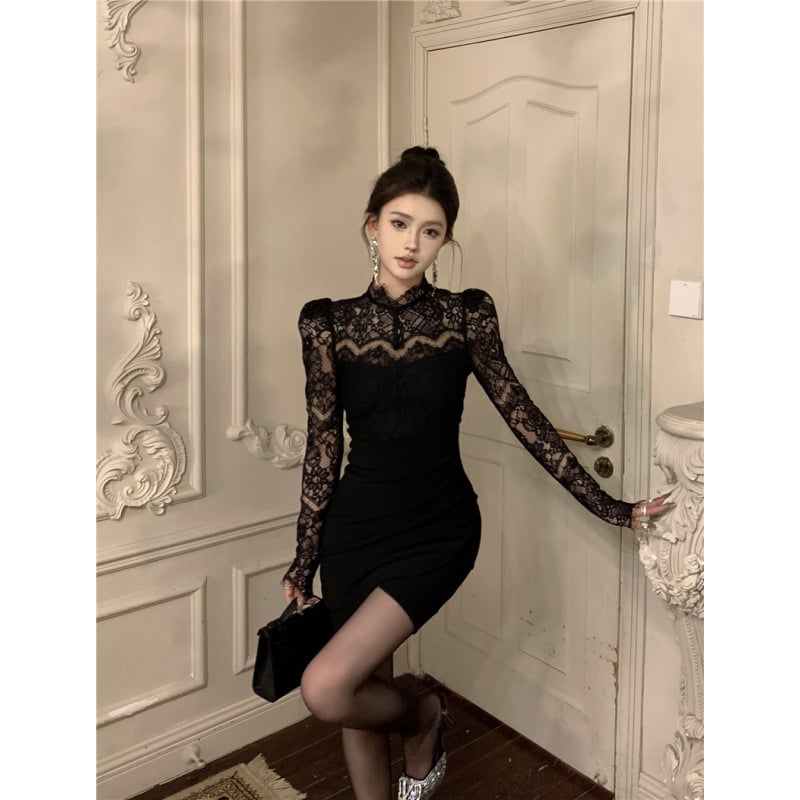 Női hosszú ujjú cheongsam ruha patchwork mintával téli