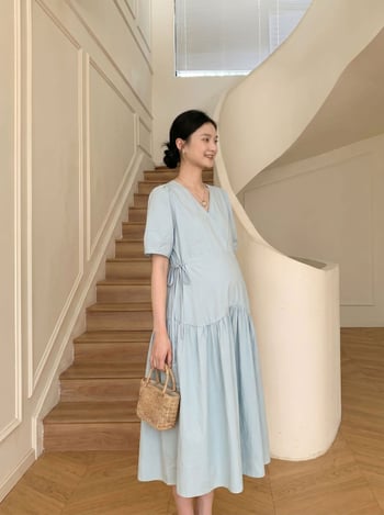 Rochie de maternitate în stil coreean, cu șnur, mânecă scurtă, vară confortabilă, plăcută pentru piele