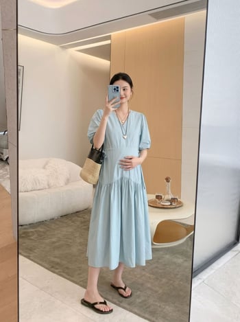 Rochie de maternitate în stil coreean, cu șnur, mânecă scurtă, vară confortabilă, plăcută pentru piele