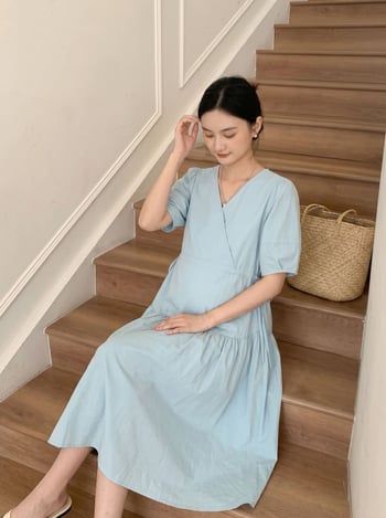 Rochie de maternitate în stil coreean, cu șnur, mânecă scurtă, vară confortabilă, plăcută pentru piele