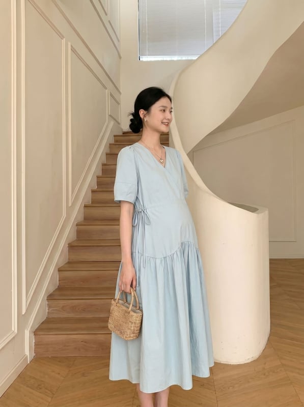 Rochie de maternitate în stil coreean, cu șnur, mânecă scurtă, vară confortabilă, plăcută pentru piele