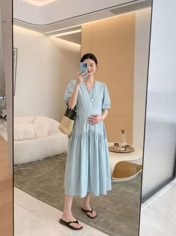 Rochie de maternitate în stil coreean, cu șnur, mânecă scurtă, vară confortabilă, plăcută pentru piele