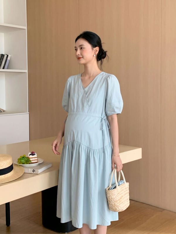Rochie de maternitate în stil coreean, cu șnur, mânecă scurtă, vară confortabilă, plăcută pentru piele