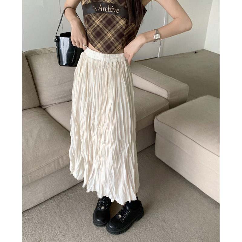 2026 koreai stílusú hosszú denim szoknya magas mangán-oxid mosással, plisírozott, karcsúsító, laza szabás