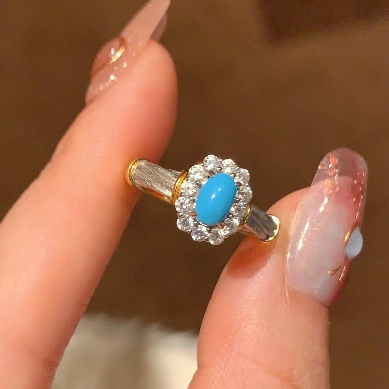 Mutatóujj gyűrű S925-ös sterling ezüstből turkiz és gyémántokkal, francia stílusú könnyed luxus, elegáns, romantikus, sokoldalú nőknek