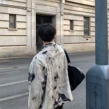 Fekete tie-dye farmerdzseki férfiaknak, laza szabású, streetwear tavasz-ősz, plusz méret