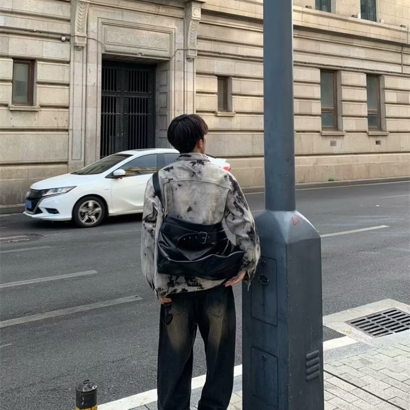Fekete tie-dye farmerdzseki férfiaknak, laza szabású, streetwear tavasz-ősz, plusz méret