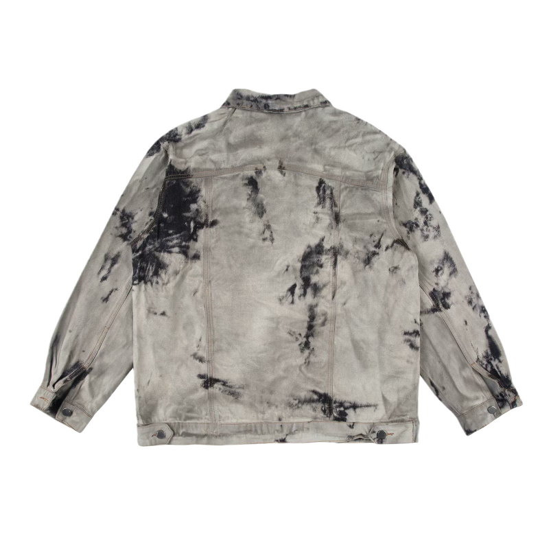 Fekete tie-dye farmerdzseki férfiaknak, laza szabású, streetwear tavasz-ősz, plusz méret