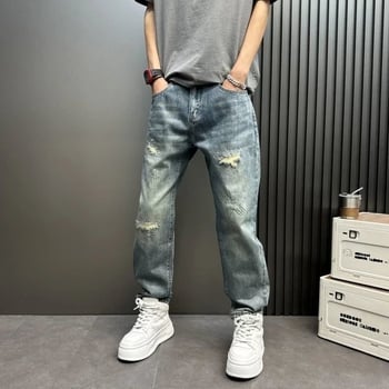 Férfi denimnadrág, egyenes szárú, repesztett részletekkel, vintage hatású, középmagas derekú