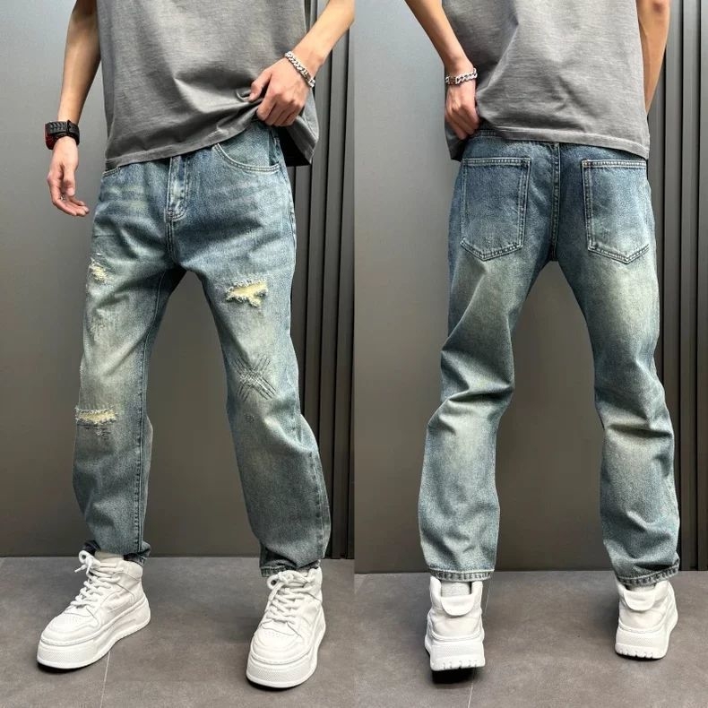 Férfi denimnadrág, egyenes szárú, repesztett részletekkel, vintage hatású, középmagas derekú