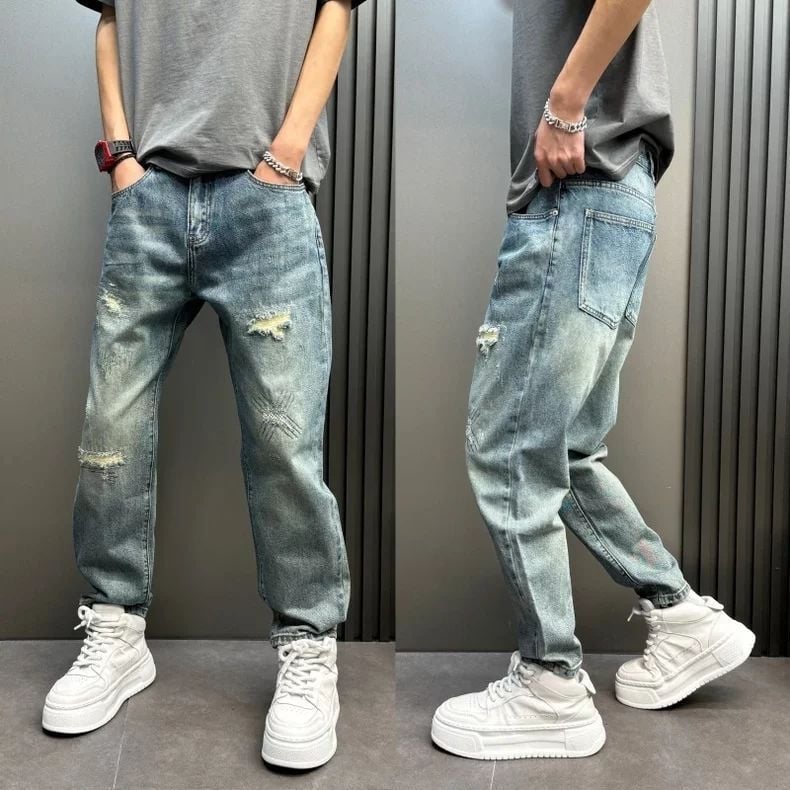 Férfi denimnadrág, egyenes szárú, repesztett részletekkel, vintage hatású, középmagas derekú