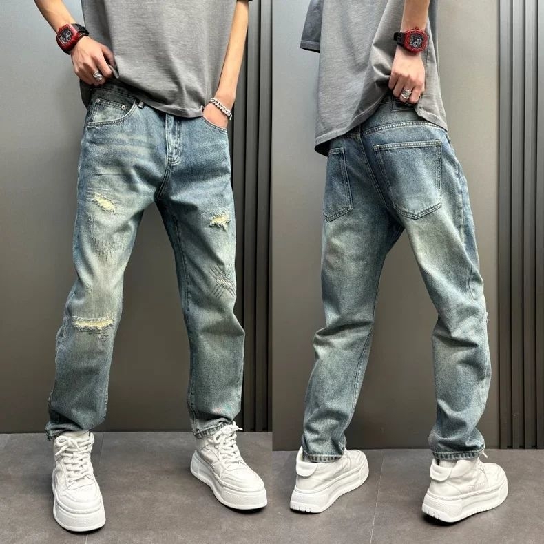 Férfi denimnadrág, egyenes szárú, repesztett részletekkel, vintage hatású, középmagas derekú