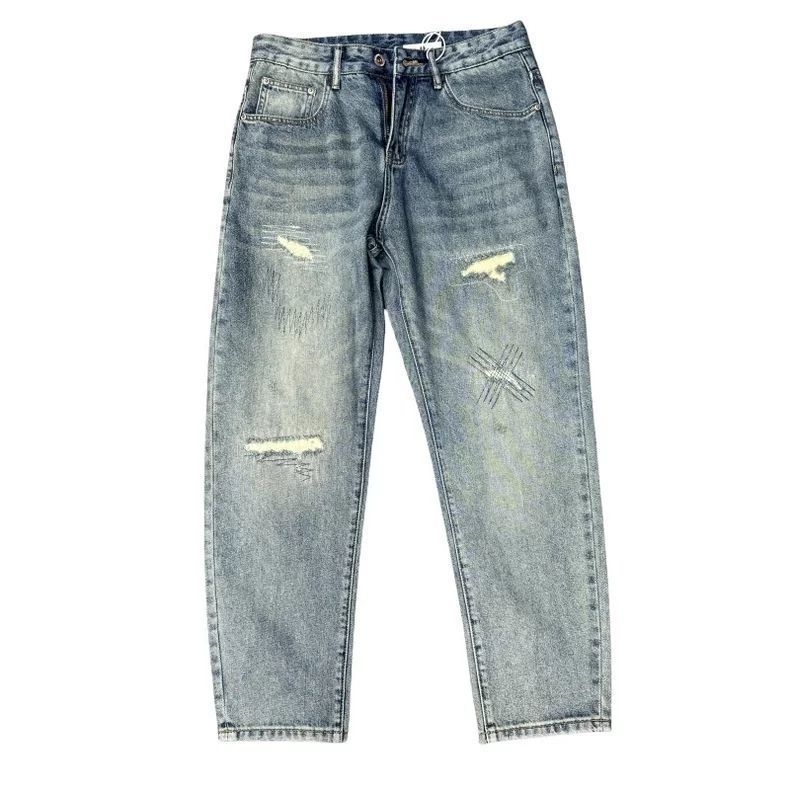 Férfi denimnadrág, egyenes szárú, repesztett részletekkel, vintage hatású, középmagas derekú