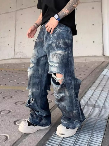 Férfi denim nadrág, retro kopott, laza szabás, széles szárú, 2025 nyár