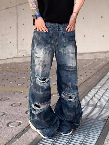 Férfi denim nadrág, retro kopott, laza szabás, széles szárú, 2025 nyár