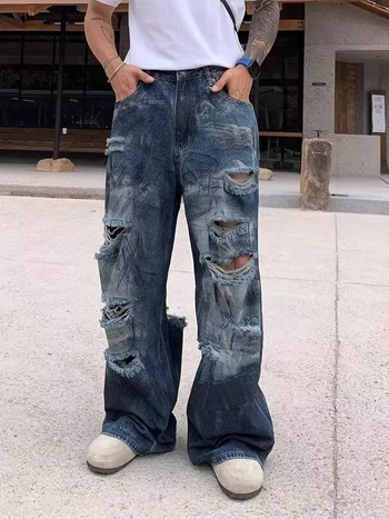 Férfi denim nadrág, retro kopott, laza szabás, széles szárú, 2025 nyár
