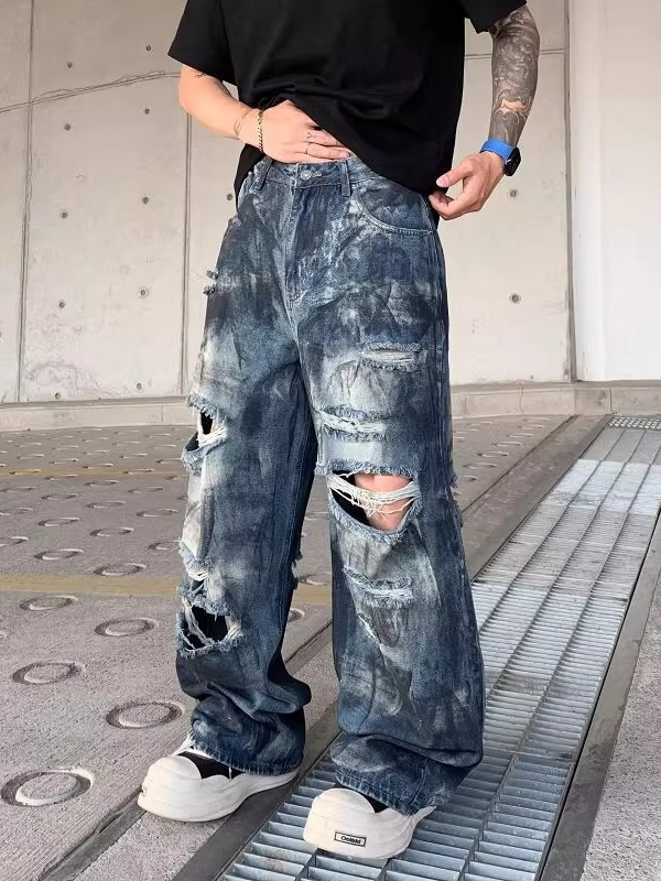 Férfi denim nadrág, retro kopott, laza szabás, széles szárú, 2025 nyár