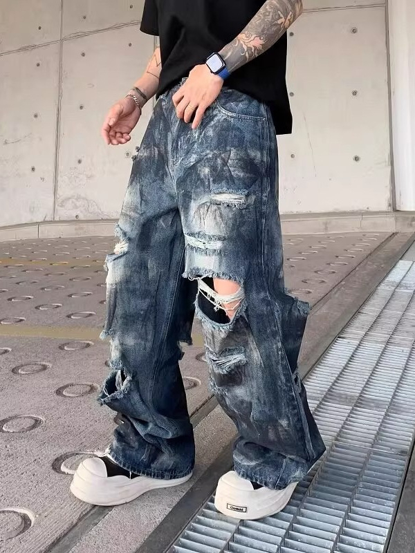 Férfi denim nadrág, retro kopott, laza szabás, széles szárú, 2025 nyár