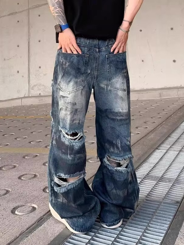 Férfi denim nadrág, retro kopott, laza szabás, széles szárú, 2025 nyár