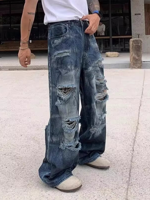 Férfi denim nadrág, retro kopott, laza szabás, széles szárú, 2025 nyár