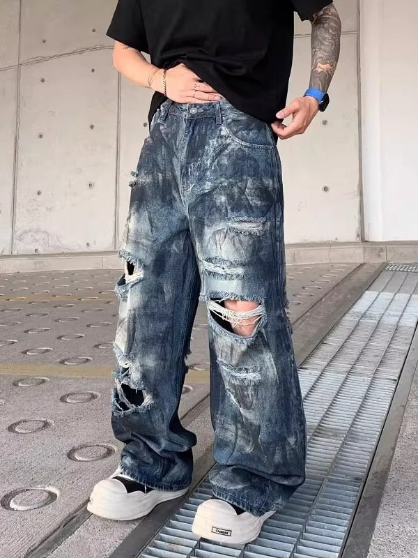 Férfi denim nadrág, retro kopott, laza szabás, széles szárú, 2025 nyár