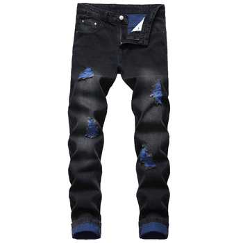 Férfi egyenes szabású, slim-fit szakadt farmernadrág, denim