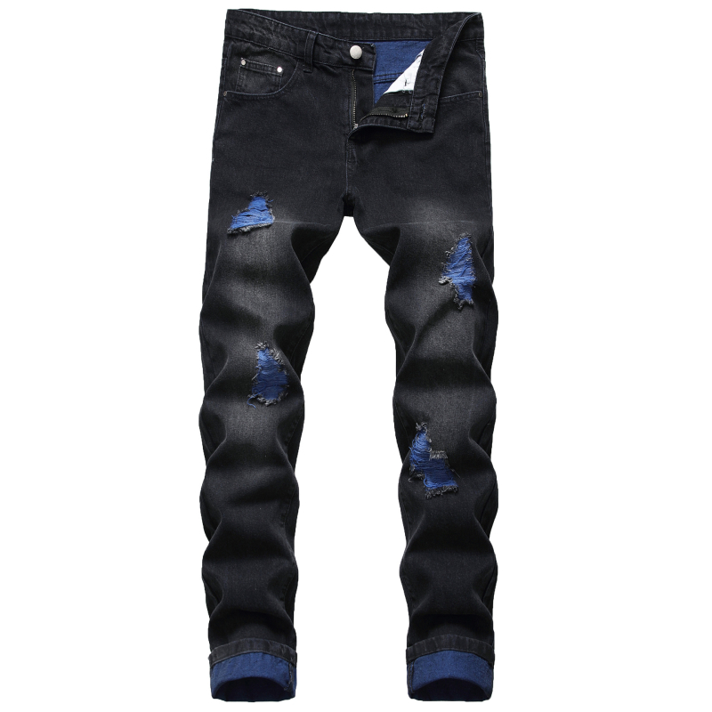 Férfi egyenes szabású, slim-fit szakadt farmernadrág, denim