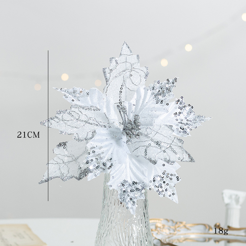 Arany 21 cm-es virág dísz karácsonyfára, csillogó flitterekkel, bársonyos anyagból, piros DIY virág
