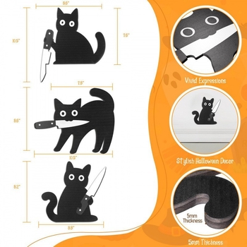 Drevená nástenná dekorácia Black Cat Halloween, 3-dielna sada