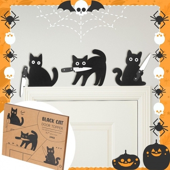Drevená nástenná dekorácia Black Cat Halloween, 3-dielna sada