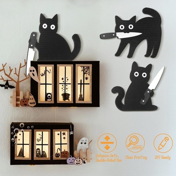 Drevená nástenná dekorácia Black Cat Halloween, 3-dielna sada