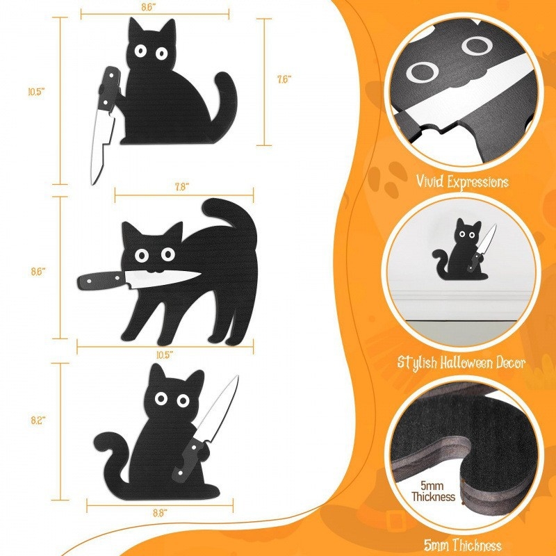 Drevená nástenná dekorácia Black Cat Halloween, 3-dielna sada