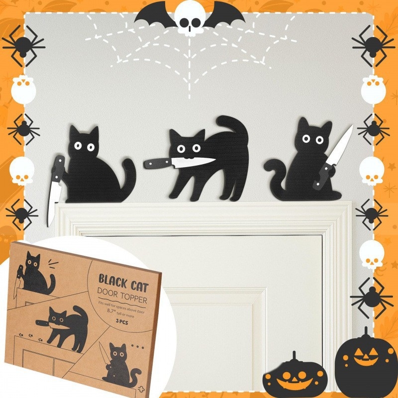 Drevená nástenná dekorácia Black Cat Halloween, 3-dielna sada