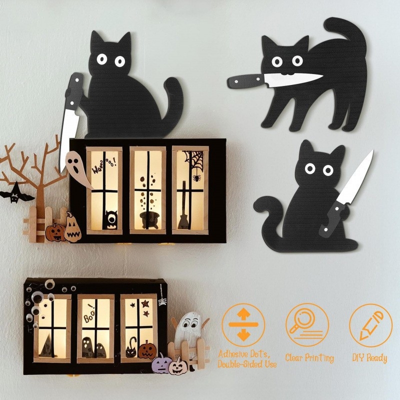 Drevená nástenná dekorácia Black Cat Halloween, 3-dielna sada