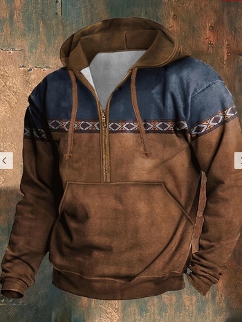 Hanorac bărbați cu glugă și fermoar, imprimeu 3D retro, streetwear casual