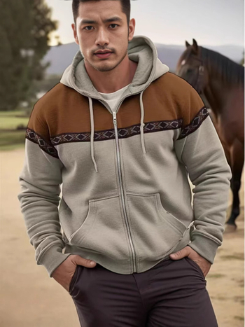 Hanorac bărbați cu glugă și fermoar, imprimeu 3D retro, streetwear casual