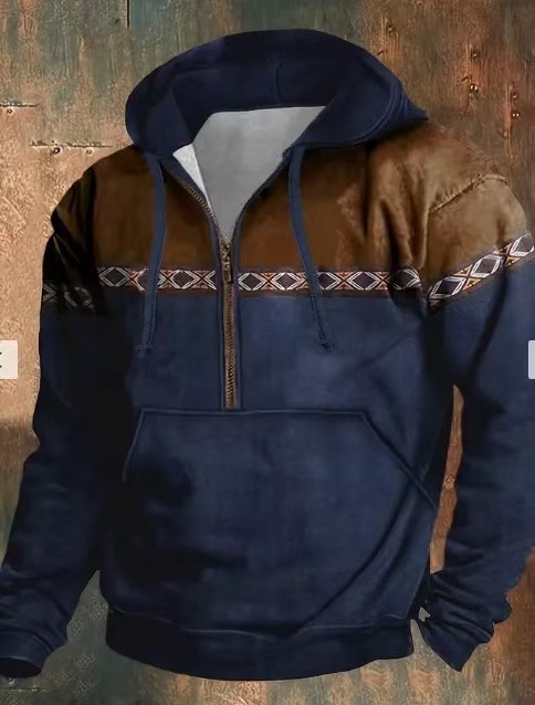 Hanorac bărbați cu glugă și fermoar, imprimeu 3D retro, streetwear casual