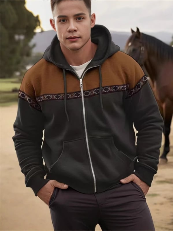 Hanorac bărbați cu glugă și fermoar, imprimeu 3D retro, streetwear casual