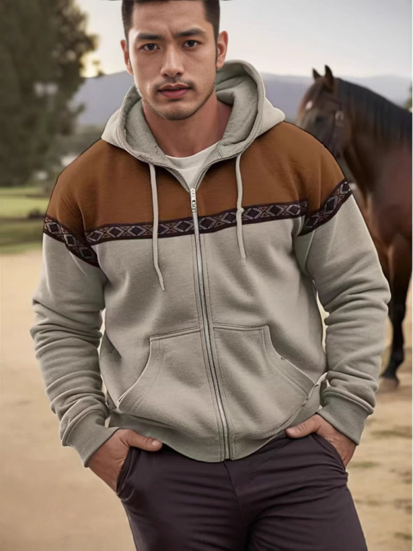 Hanorac bărbați cu glugă și fermoar, imprimeu 3D retro, streetwear casual