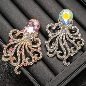 Kristályos polip brooch gyémántbevonattal, tengeri élőlény divat ékszer