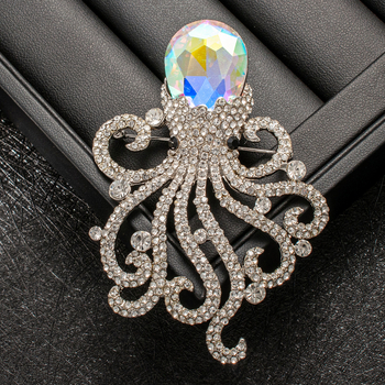 Kristályos polip brooch gyémántbevonattal, tengeri élőlény divat ékszer