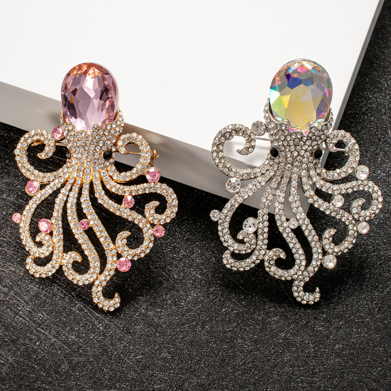 Kristályos polip brooch gyémántbevonattal, tengeri élőlény divat ékszer