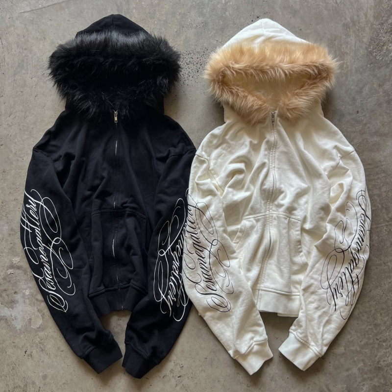 Hosszú ujjú pulóver nyomtatott mintával és szőrme gallérral, Y2K laza szabású pulóverdzseki, retro streetwear