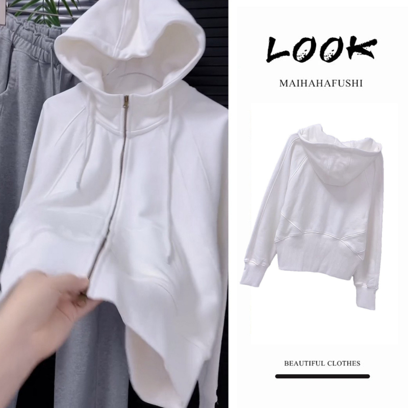 Női nyári koreai stílusú cropped kapucnis zip dzseki fehér, hosszú ujjú