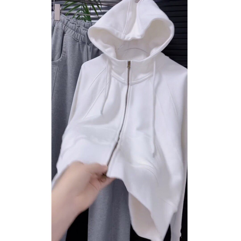 Női nyári koreai stílusú cropped kapucnis zip dzseki fehér, hosszú ujjú
