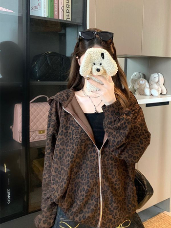 Női kapucnis pulóver leopard mintával, hosszú ujjú, tavaszi casual felső, amerikai retro stílusú