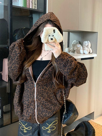 Női kapucnis pulóver leopard mintával, hosszú ujjú, tavaszi casual felső, amerikai retro stílusú