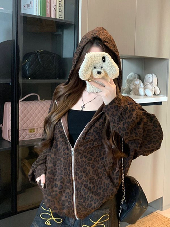 Női kapucnis pulóver leopard mintával, hosszú ujjú, tavaszi casual felső, amerikai retro stílusú