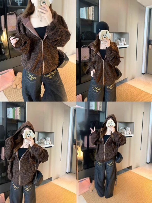 Női kapucnis pulóver leopard mintával, hosszú ujjú, tavaszi casual felső, amerikai retro stílusú
