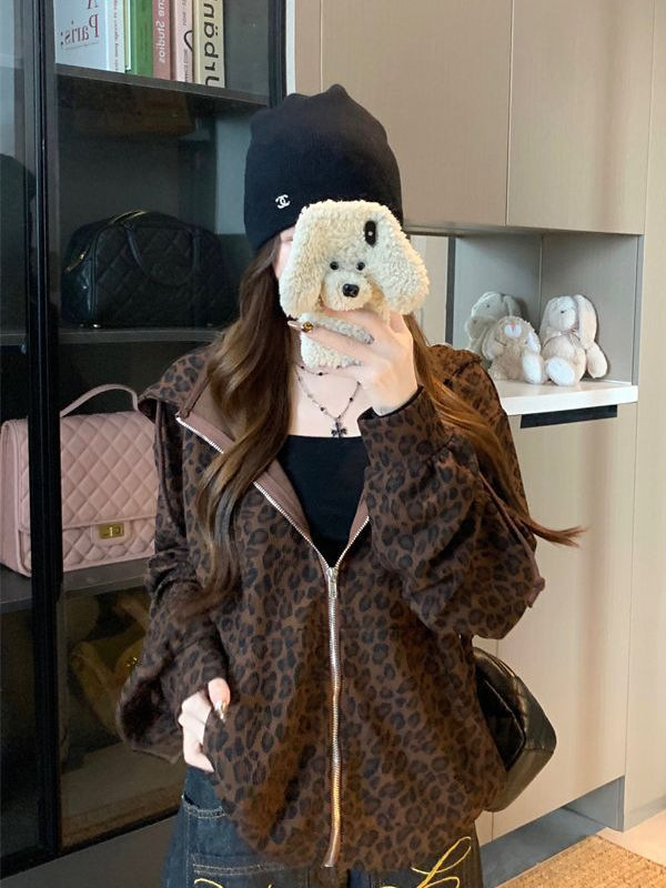 Női kapucnis pulóver leopard mintával, hosszú ujjú, tavaszi casual felső, amerikai retro stílusú